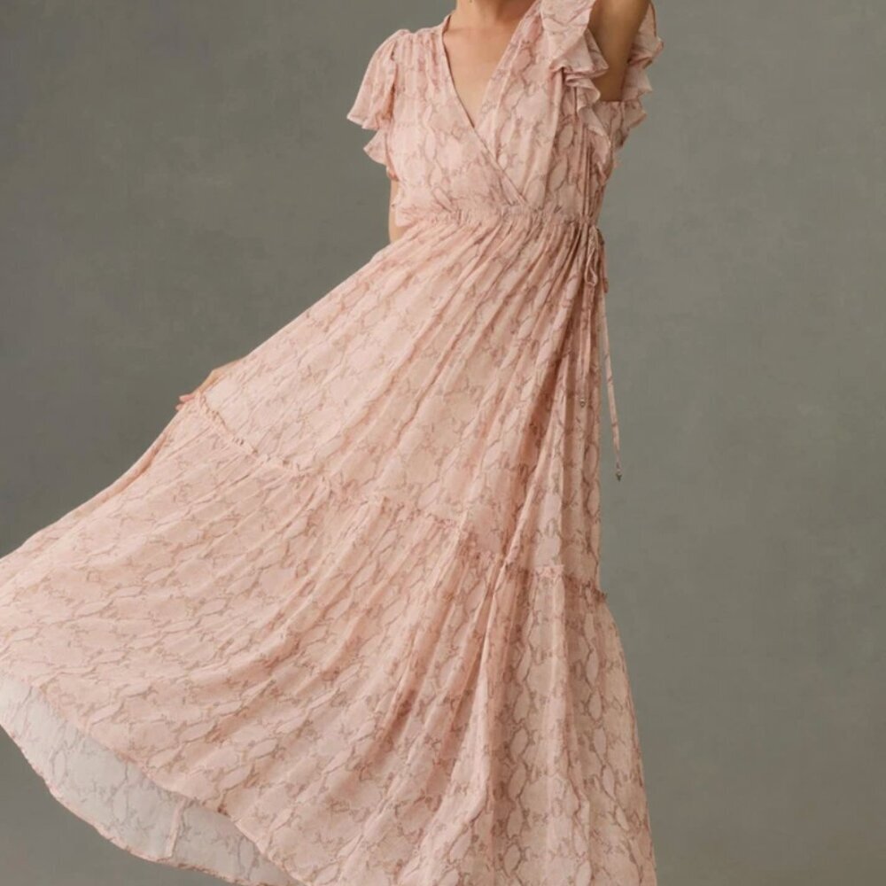 🌸 Anthropologie V-Neck Flutter-Sleeve Tiered Midi Dress – Pink Snakeskin Print